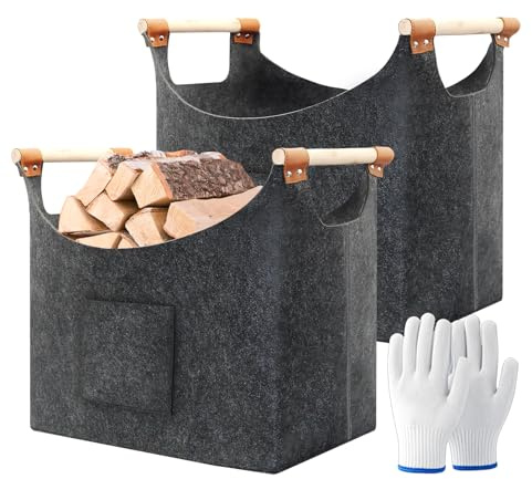Holzkorb für Kaminholz 2er Set, Filz Holzkorb mit Griffen, Kaminholz Tasche Faltbar, von Brennholz, Zeitungen, Holz, Spielzeug