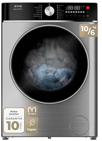 EVVO Lavadora-Secadora Nature M10/6X, 10 kg lavado + 6 kg secado, 1400 rpm, Motor BLDC Inverter, Steam Wash, M-Smart One-Touch, Lavado Rápido 15', Fin diferido 24 h, Inox