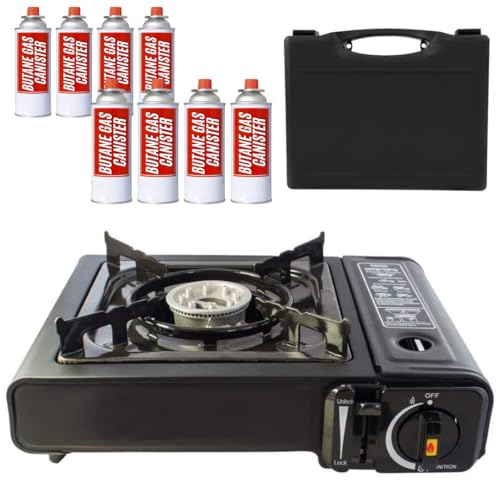 Trendi Portable Camping Stove with 8 Gas Canisters – Complete Outdoor Cooking Set with Carry Case, EN417 Gas Compatibility, Auto Ignition & Adjustable Flame