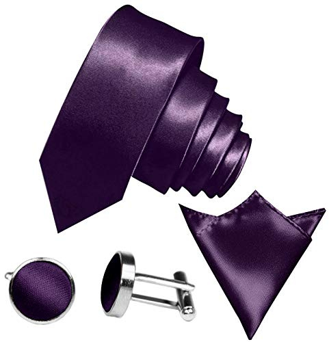 GASSANI 3Tlg Krawatten-Set 29 Satin Farben, 6 Cm Schmale Skinny Krawatte Einstecktuch