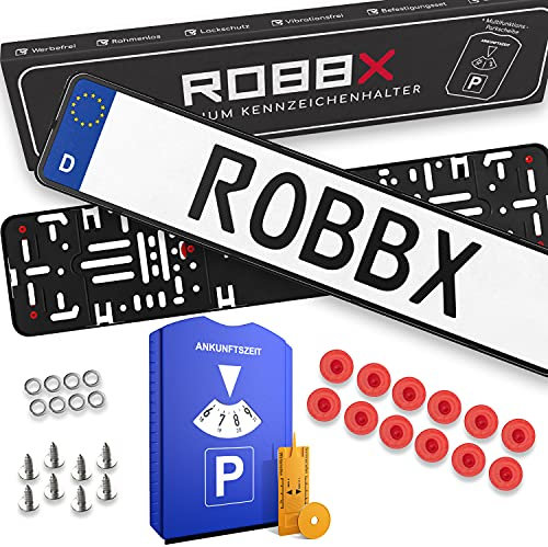 ROBBX® 2X Rahmenlose Auto Kennzeichenhalter | Vibrationsdämpfer für Lackschutz | 5 in1 Parkscheibe | Befestigungskit | Nummernschildhalter werbefrei