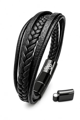 Jewellbox Vertex Herren-Lederarmband, verstellbare Größe 21 cm – 22,2 cm, Premium-Armband für Herren, Magnetverschluss, One Size, Leder Metall, Kein Edelstein