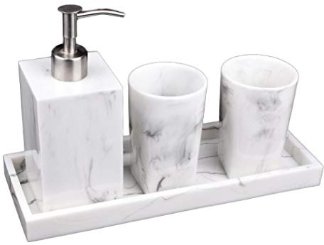 4 Pieces Bathroom Accessories Set, Resin Creative Gift Set Luxury Bath Accessory with Toothbrush Cup/Soap Dispenser/Tray, for Home, Apartment, Dormitory