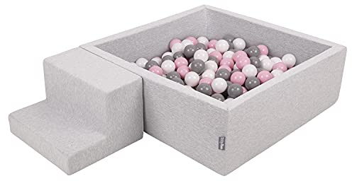 KiddyMoon Aire De Jeux en Mousse avec Carré Piscine À Balles (100 Balles) pour Enfants, Gris Clair: Blanc/Gris/Rose Poudré