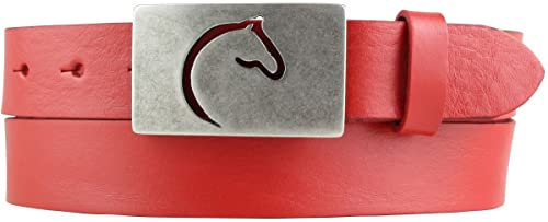 BELTINGER Kinder-Gürtel für Reiter mit Pferdekopf-Gürtelschnalle aus Vollrindleder 3 cm | Reiter-Gürtel 30mm für Reithose | mit Pferde-Motiv | Rot 60cm