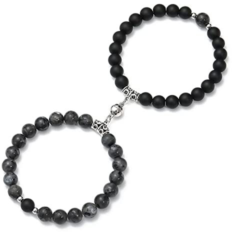 LCDIUDIU Chakra Armband,2 Stück Paar Magnet Armband Naturstein Spektrolith Kristall Armband Stretch Perlen Angst Armband Yoga Energie Edelsteine ​​Perlen Armreif Schmuck Für Männer Frauen Geschenk