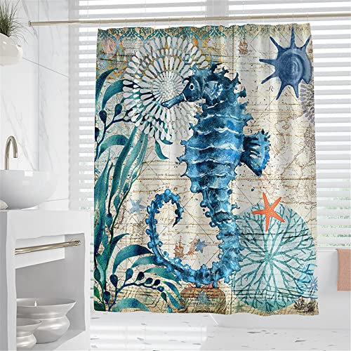 Hiseng Duschvorhang schwer mit Gewicht Saum, Wasserdicht, Polyestergewebe, Duschvorhänge, Waschbar, 3D-Ozean Duschvorhänge, Badevorhang mit 12 Haken, Badewannendekor (180x200cm,blaues Seepferdchen)