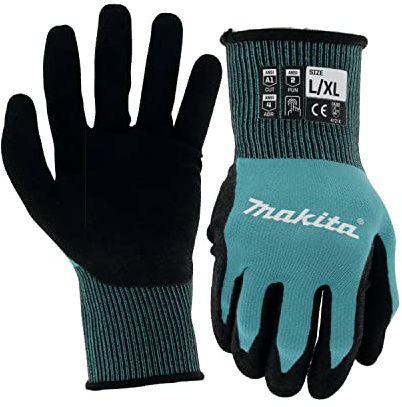 Makita Unisex FitKnit Cut Level 1 Nitrile Coated Dipped Gloves X-Large, Teal/Black