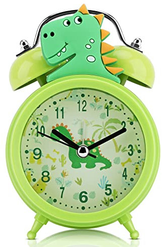 TCJJ Reloj despertador de dinosaurio para niños, bonito reloj despertador verde para niños, reloj despertador clásico con doble campana, retroiluminado, adecuado para regalos escolares