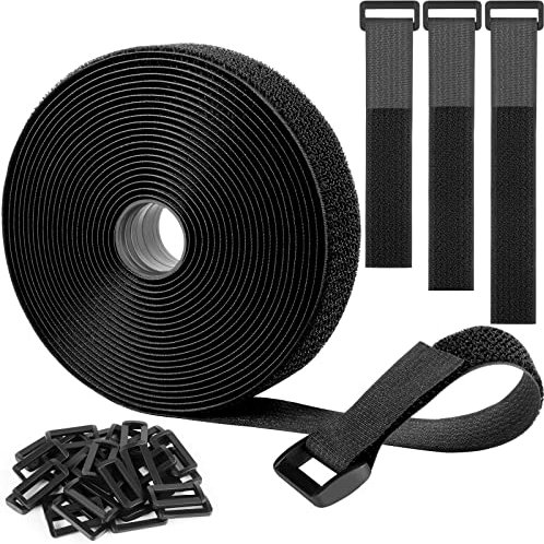 6m Straps Adjustable Cable Straps with 30 Buckles, Hook and Loop Straps, Free Cut Length, Reusable Nylon Securing Cord Ties for Organizer or Storage, 3cm Wide, Black (6m x 3cm)