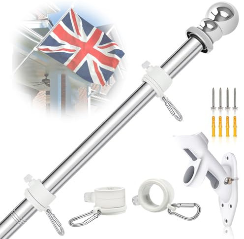 NQ 6FT (1.8M) Flag Pole for Garden with Flag Pole Holder, Stainless Steel Flag Pole Kit for House, Flag Pole for Outdoor, Wall Mounted Flag Pole(Silver)