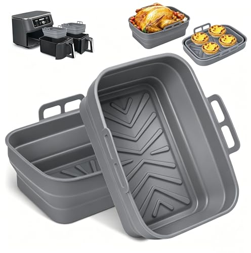 Pietuley Silicone Air Fryer Liners for Ninja Dual AF300UK/AF400UK/AF451UK, 2PCS Foldable Tower Basket T17088, Air Fryer Accessories Reusable Insert for 7.6L- 9.5L Baskets, Airfryer Baking Tray