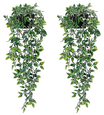 Plantas Artificiales Colgantes de Plástico Helecho, 2 Piezas Corona de Hiedra Falsa Planta, Plantas Artificiales Decorativas Exteriores Interiores, Falso Colgante de Plantas para Habitación