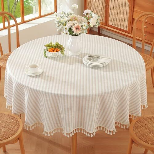 Plenmor Leinen Abwaschbar Tischdecke Rund 140cm, Table Cloth Boho Runde Tischdecke Beige Gartentischdecke Rund für Outdoor, Camping, Hochzeiten, Geburtstag