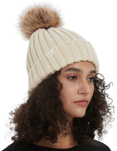 Hat Hut Winter Hats for Women Satin Lined Beanie Hats for Women Ladies Bobble Hat Warm Winter Cap Pom Pom Beanie