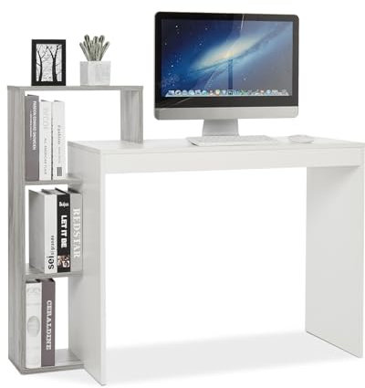 Mondeer Kleiner Schreibtisch, Moderner Computertisch mit 3-stöckiges Regal, Platzsparend, 110 x 40 x 92 cm, Geeignet für Heimbüro Arbeitszimmer Kleiner Platz, Weiß und Grau