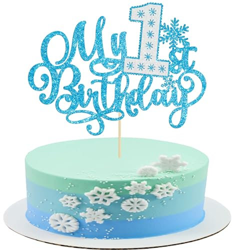 Gyufise 1Pc Snowflake My 1st Birthday Cake Topper Glitter First Birthday Snowflake Cake Pick Decoration for Winter Wonderland Theme Baby Shower Kids 1st Birthday Party Supplies Blue