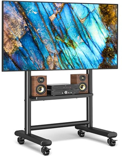 RFIVER TV Ständer Rollbar mit Ablage Für 50 bis 86 Zoll Flach & Curved Fernseher, Höhenverstellbarer TV Bodenständer mit Rollen Mobiler Fernsehständer Schwarz TV Wagen bis 68kg Max. VESA 800x600mm
