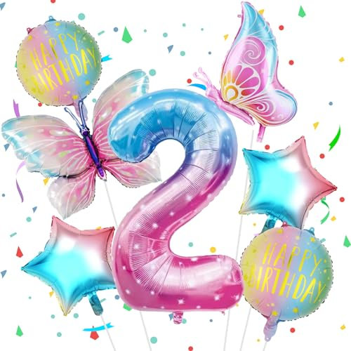 VUCDXOP Palloncino Compleanno 2 Anni Stella, 7pcs Stella Palloncini di Compleanno Set di Foil Palloncino Numero 2, Numeri Gonfiabili Palloncini 2,Compleanno Gonfiabili Pallone per Anniversario