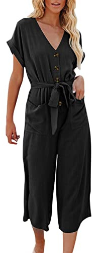 IQYU Overall dam kort elegant: Jumpsuit dam kort sommar lekdräkt med fickor i ett stycke med linning lekdräkter med knappslå jumpsuits lätta hängselbyxor lösa sommarbyxor sommarbyxa/ouvert