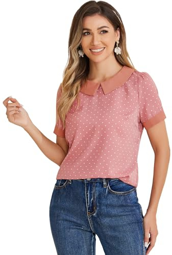 Allegra K Chemisier Élégant Vintage à Pois Manches Courtes Col Claudine et Pois Rose foncé XL