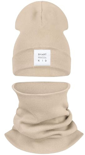 CiuchCiuch Set Mütze und Schal Gestreift für Babys - Mütze für Mädchen – Jungen – Kinder – Schal – Für Spaziergänge – Für Herbst und Frühling Beige 48-52