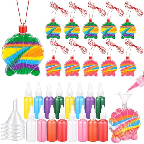 Relaxgiant 31 Pcs Sand Art Bottle Necklace Kits Include 10 Plastic Art Bottles, 16 Pcs 8 Colored Art Sand, 5 Mini Plastic Funnels for Art Class Party Decoration Crafts Supplies(Shell)