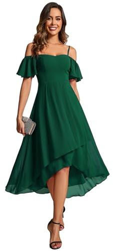 Ever-Pretty Vestido de Noche Gasa Manga Corta Vestido de Invitada de Boda Alta Baja Correas Chic hasta la Rodilla Rosa Verde Oscuro 44