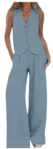 2-teiliges Freizeit-Outfit Baumwolle für Damen, ärmellose Weste mit Knopfleiste, gerade geschnittene Hose mit weitem Bein Taschen Jumpsuit Hochzeit Braut Hosenanzug Damen Streifen