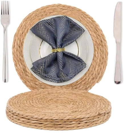 Round Woven Placemats Set of 6, Natural Handwoven Water Hyacinth Placemats,Place Mats For Table, 30CM Rustic Farmhouse Braided Wicker Table Mats for Dining,Home, Wedding Decor
