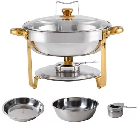 Buffets Chauffants Ronds avec Porte-Combustible, Bac INOX avec Couvercles Aucune Électricité Requise, Chauffe Plat Buffet Facile à Transporter