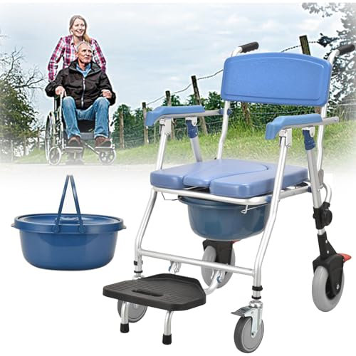 Chaise De Douche Roulante Avec Roulettes – Commode De Lit Pour Personnes Âgées, Chaise De Transport Pliable En Aluminium, Toilettes Mobiles Avec Seau Amovible, Chaise De Douche En Fauteuil Roulant