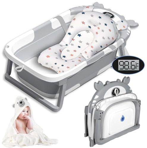 Vautvis Bañera Plegable Bebe, Termometro Bañera Bebe Con Cojin Bañera Bebe, Reductor Bañera Bebe, Bañera de Bebe Plegable Para Recién Nacidos Y Niños De 0 A 36 Meses