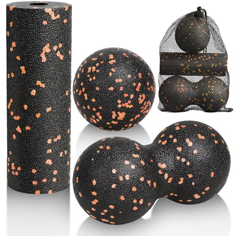 LOPHE Juego de masaje 3 en 1: rodillo de espuma, bola de maní y bolas dobles de lacrosse, alivia la tensión muscular, naranja
