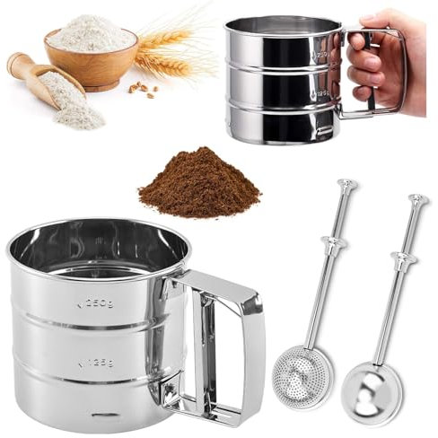 Tamis à farine de 3 tasses avec petit tamis à farine, tamis à farine, tamis à farine en acier inoxydable, tamis à manivelle pour la cuisson de gâteaux et d'épices