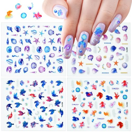 4 Blätter Sommer Nagelsticker Meerestiere Ocean Nagelaufkleber Selbstklebend, Nail Art Stickers, Muscheln Seestern, Geprägt für DIY Nagel Dekoration