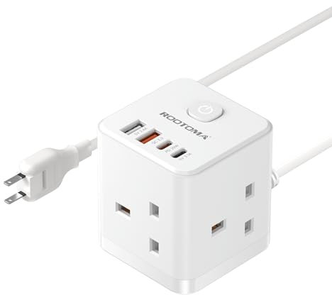 Japan Travel Adapter 3 Way 4 Fast Charging USB (QC3.0/PD20W) with 1.5M Extension Cable Compact Cube UK to Japan Plug Adapter