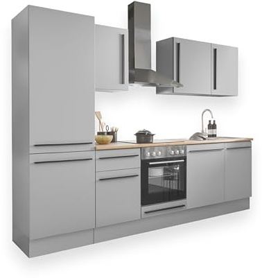 DENVER Küchenzeile mit Elektrogeräten Einbauküche Grau Lancelot Eiche Optik | 280 x 211 x 60 cm (B/H/T), Küche mit Küchengeräten, Einbauküche mit Geräten, geräumig, mit viel Stauraum, modernes Design
