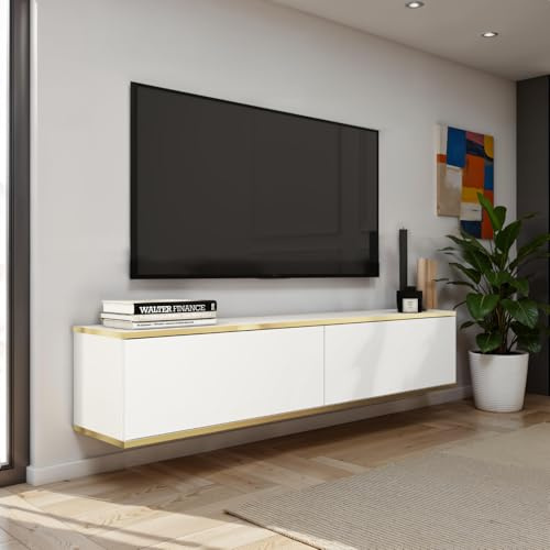 Komodee Banff TV135 – Meuble TV, façade Blanche Lisse/chêne Artisan, Largeur 135 cm, Hauteur 30 cm, Profondeur 32 cm