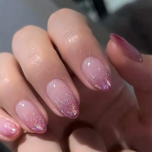 Levimimo Pressa på naglar mandel - Lila kattöga fransk spets press på nagel kort, Återanvändbar Stick On naglar, Falska naglar med nagellim i 12 storlekar - 24 falska naglar kit, Purple Star
