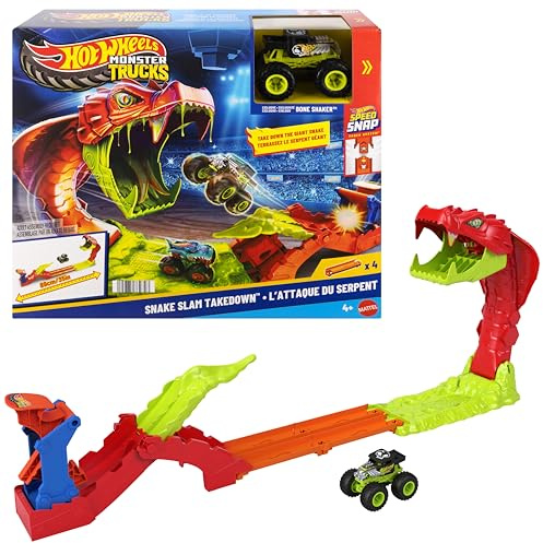 Hot Wheels Monster Trucks-lekset, Snake Slam Takedown-banset med exklusivt Bone Shaker-fordon i skala 1:64, inklusive bana, JJN44
