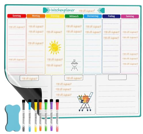 Wochenplaner Magnetisch, Haushaltsplan Familie Und Büroorganisation, Magnettafel Kühlschrank Mit 7 Markern Und Schwamm, 42x30 cm