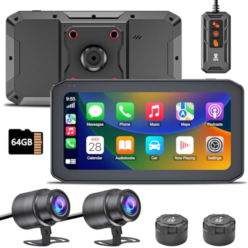 IXROAD Dashcam Moto avec CarPlay et Android Auto, 2K Camera Moto Embarquée Avant et Arrière, Écran Tactile 6.25 avec GPS, TPMS, Télécommande, Carte TF 64 Go