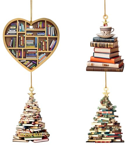 4Pcs Book Christmas Tree Ornaments, Stacked Books Ornament,Planar Christmas Tree Hanging Gift Decorations for Book Lovers