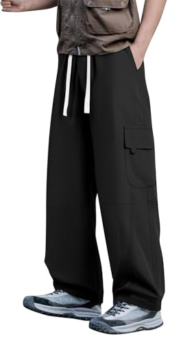 Pantaloni cargo larghi da uomo, a gamba larga e alta, con coulisse elastica in vita, pantaloni da paracadute casual invernali con tasche piatte, Nero , M