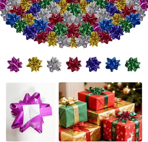 CIYIN geschenkschleifen selbstklebend bunt，Weihnachts-Schleifen mit Selbstklebefolie 35 Stück aus glänzendem PET-Material in 7 (je 5 pro Farbe)