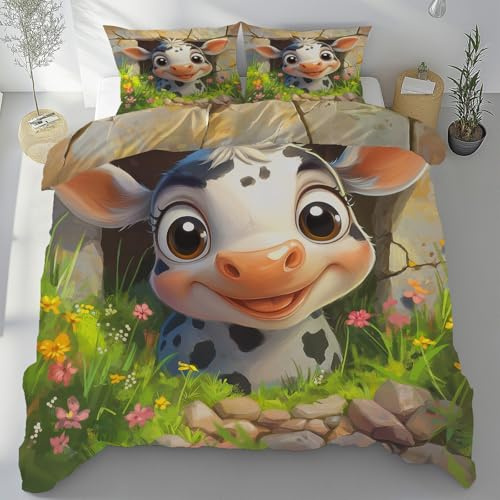 Lwznbio Vache Mignonne Housse de Couette 240x260 cm Été Doux Style Dessin Animé Parure de Lit Adulte avec Zippée, Linge de Lit Microfibre Respirant + 2 Taie d'oreiller 65x65 cm