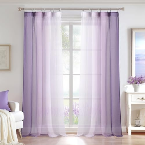 DWCN Lila Farbverlauf Transparent Gardinen mit Kräuselband H245 x B140 cm | 2er Set, Voile Vorhang Schienensystem, Lichtdurchlässig, Modern, Schiebevorhänge für Wohnzimmer Schlafzimmer Kinderzimmer
