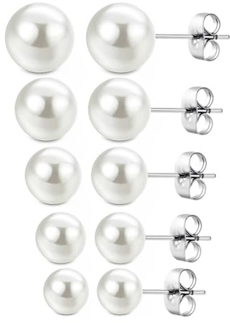 BLPRKOT 5 Piezas Pendientes de Botón para Mujer en Plata de Ley 925 con Perlas de Agua Dulce, Pendientes de Perlas Blanca, Clásicos Pendientes Plata Perlas Naturales Hipoalergénicas (3-7mm)