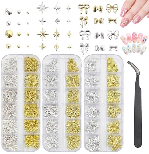 NiceNaiils 3 st lådor nagelberlocker, typer av berlocker, naglar, guld silver stjärna rosetter pärla nagelsmycken, nagel stenie set med pincett, nagelkonst berlocker för kvinnor nageldesign tillbehör